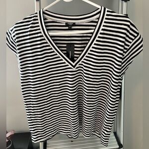 Express Black and White Striped V-Neck Tee